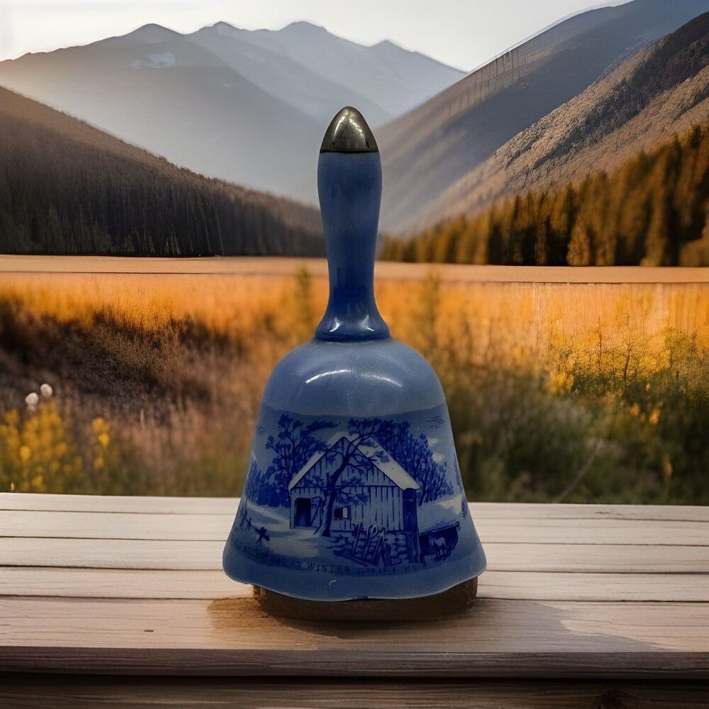 Vintage Currier and Ives Blue Porcelain Bell "The Old‎ Homestead in Winter" 1977